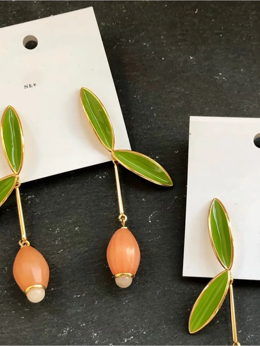 Kate Spade Green Leaf Drop Earrings with Peach Bead Accent